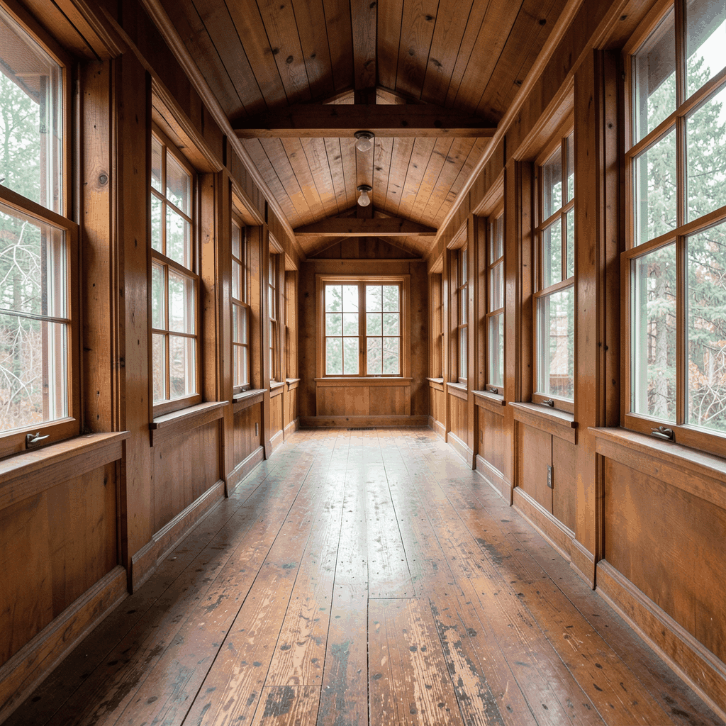 Warm interior of a wooden corridor with worn floorboards, large windows, and rich wood-toned ceiling