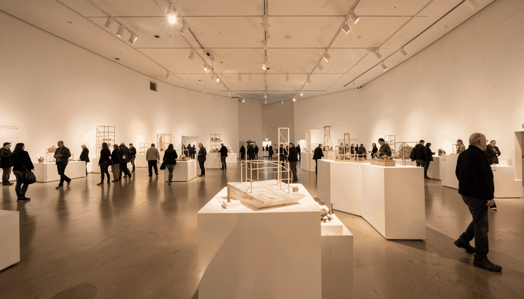Bright exhibition hall with architectural models on white pedestals under warm spotlighting, visitors moving through the space