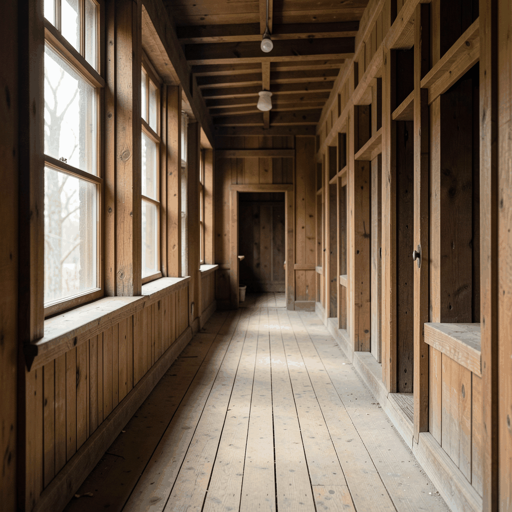 Warm interior corridor of an old wooden building with large windows and worn floorboards, bathed in soft natural light