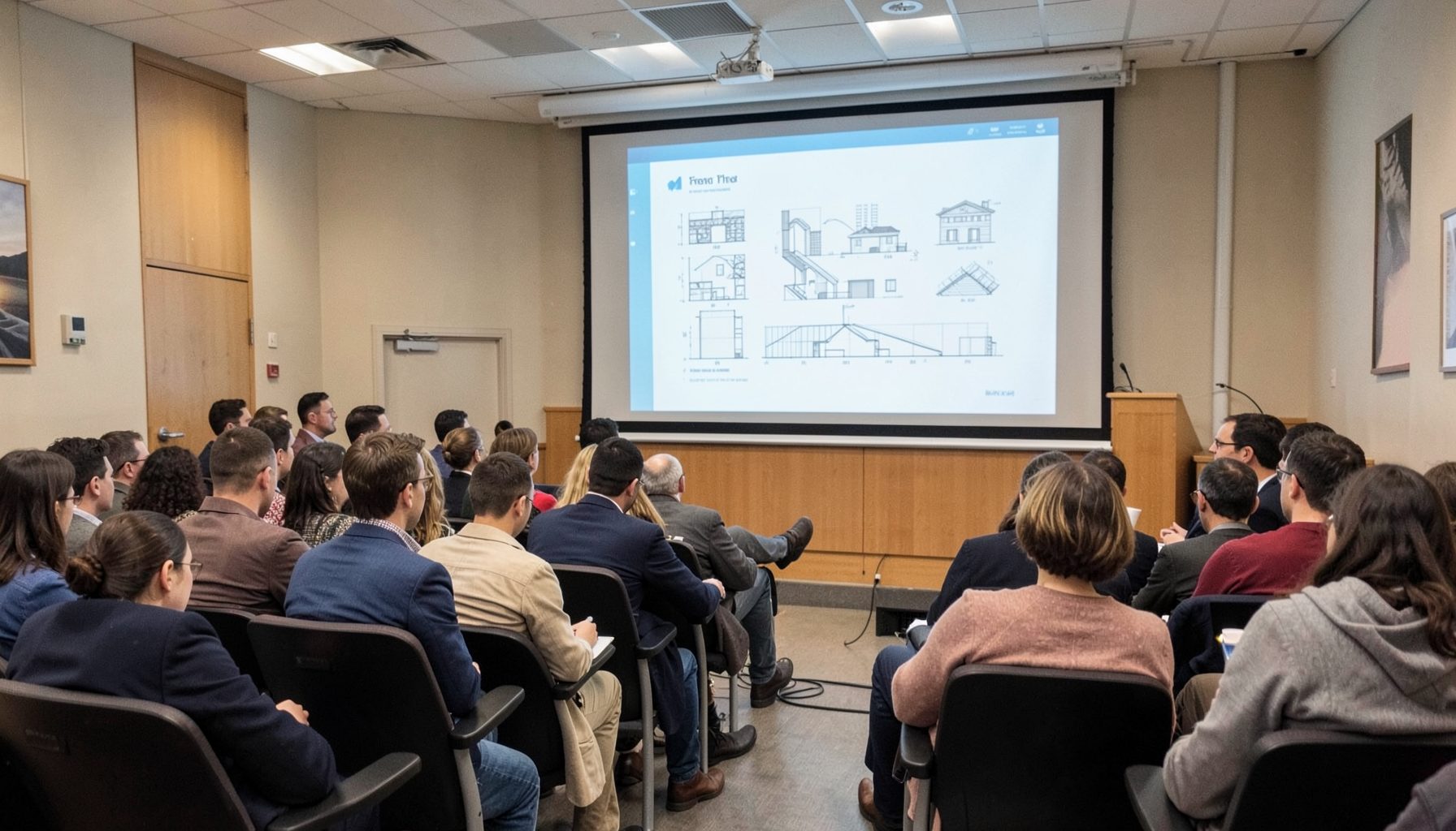 A lecture hall with students seated in rows listening to a presentation, projection screen showing architectural diagrams