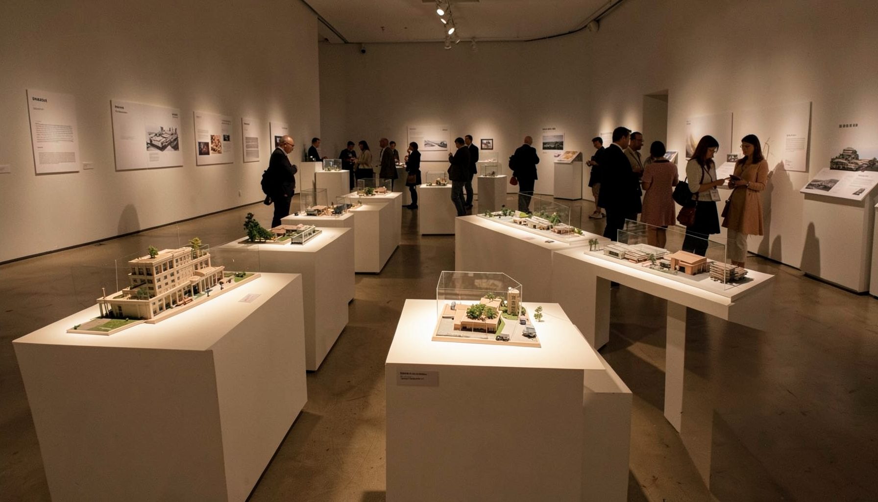 An exhibition space with rows of architectural models on white pedestals under warm spotlighting, visitors in the background