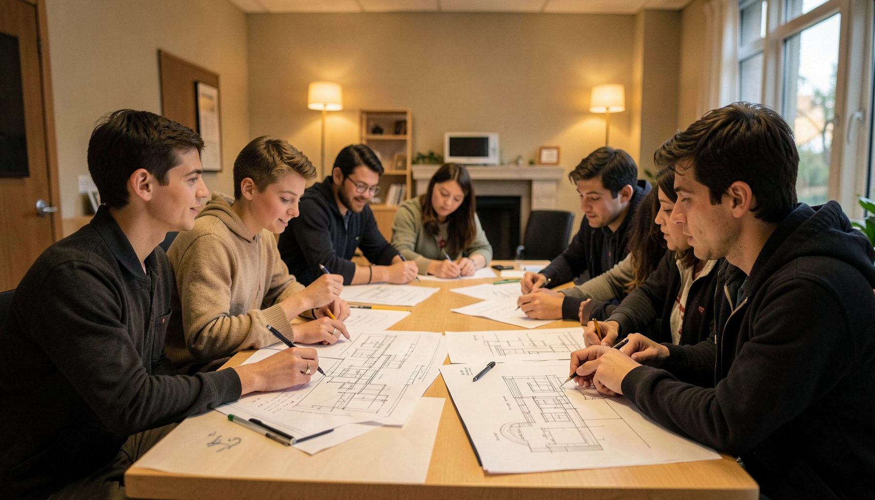 Students gathered around a large table reviewing architectural drawings, warm indoor lighting, collaborative and focused atmosphere